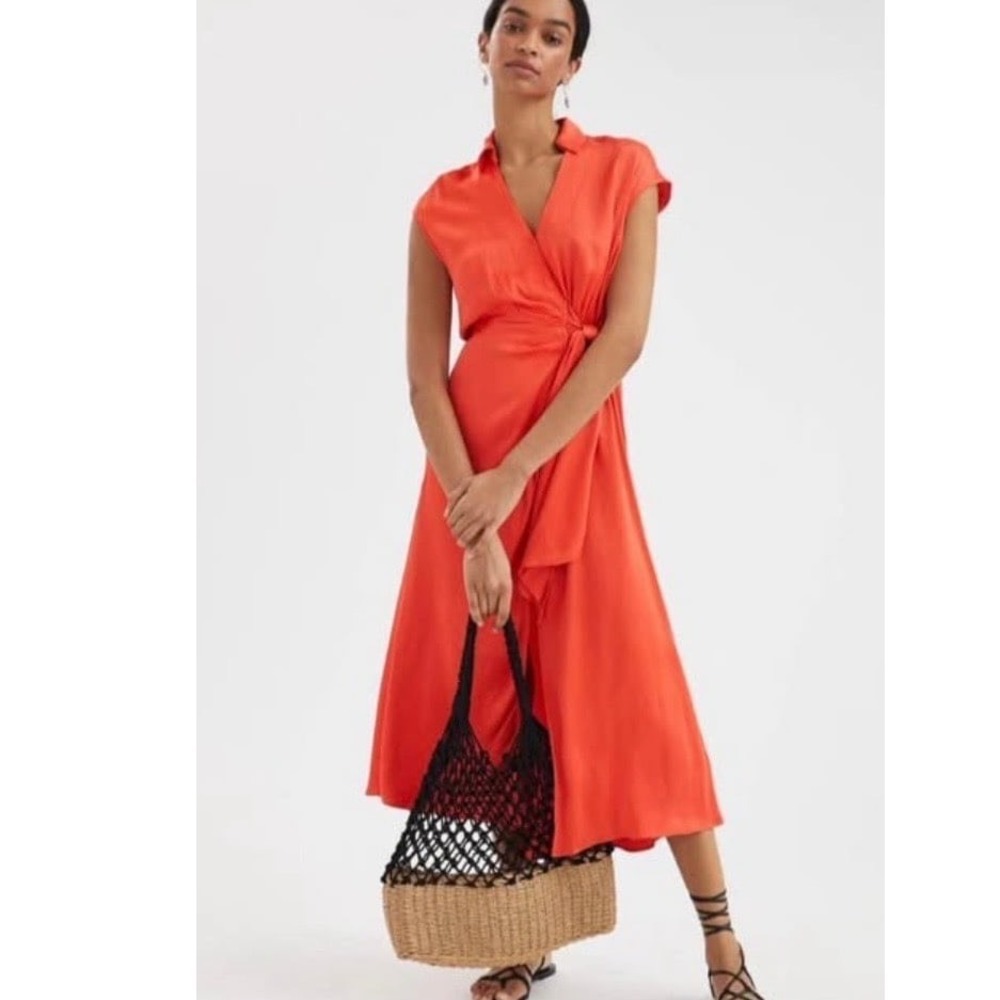 Maeve by Anthropologie Orange Wrap Midi Dress Cutout Back XS Going Out Party